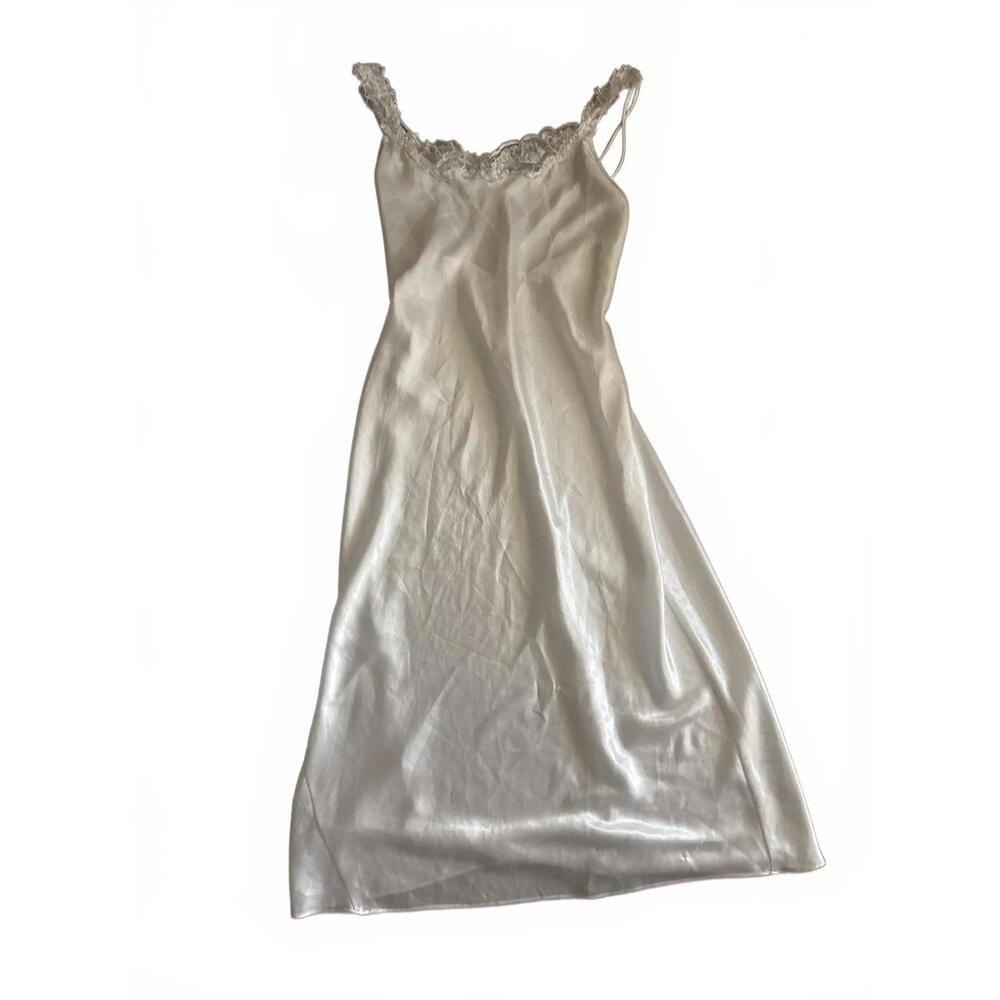 Vintage White Satin Lace Trim Chemise Nightgown